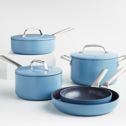 Blue pots and pans from the Clean Kitchen collection, featuring modern cookware for everyday cooking_Crate&Barrel