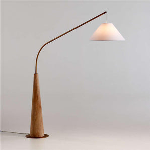Gibson Wood Hanging Arc Floor Lamp with White Shade.