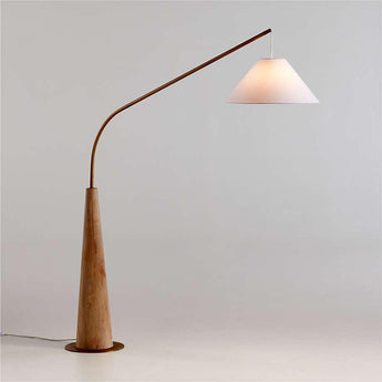 Gibson Wood Hanging Arc Floor Lamp with White Shade.