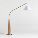 Gibson Wood Hanging Arc Floor Lamp with White Shade.