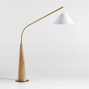 Gibson Wood Hanging Arc Floor Lamp with White Shade.