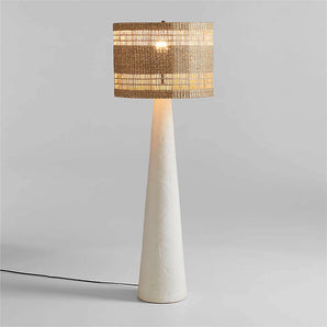 Santorini White Plaster Floor Lamp with Woven Shade.