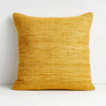 Yellow 20"x20" Cotton Sari Silk Throw Pillow with Feather Insert.