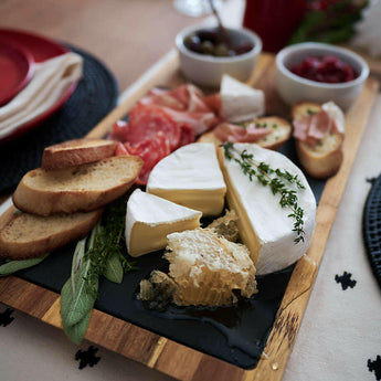Slate and Wood Serving Board with Bowls.