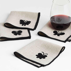 Embroidered Butterfly Botanicals Cocktail Napkins by Lucia Eames, Set of 4.