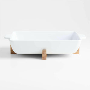 Oven-to-Table Rectangle Baking Dish with Wood Stand.