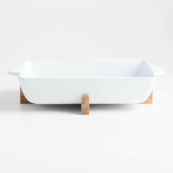 Oven-to-Table Rectangle Baking Dish with Wood Stand.