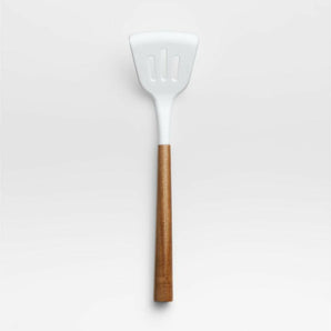 White Silicone Slotted Turner with Acacia Wood Handle