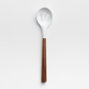 White Silicone Slotted Spoon with Acacia Wood Handle.