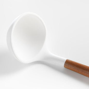 White Silicone Slotted Spoon with Acacia Wood Handle.