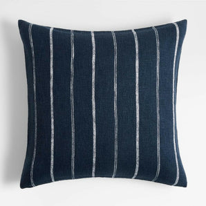 Cliff 23" Blue Pinstripe Linen Pillow with Feather-Down Insert.